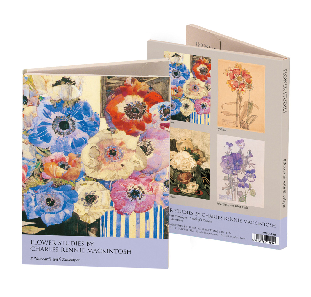 Charles Rennie Mackintosh Notelets 'Anemones', 'Gilardia', 'White Roses', 'Wild Pansy and Wood Violet' 2 x 4 designs
